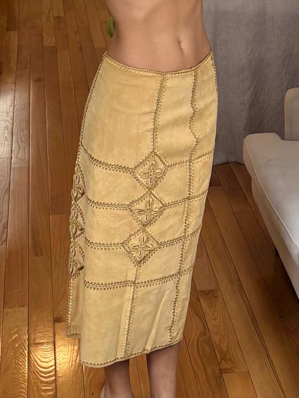 Vintage Boho Embroidered Suede Midi Skirt in Dark Tan